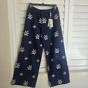 NWT Ellie Tahari  linen blend Navy Blue Wide-Leg Embroidered Pant